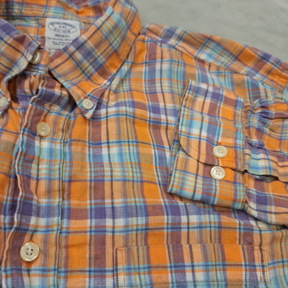 Brooks Brothers Button Down Shirt XXL Orange Blue Baird McNutt Plaid Irish Linen